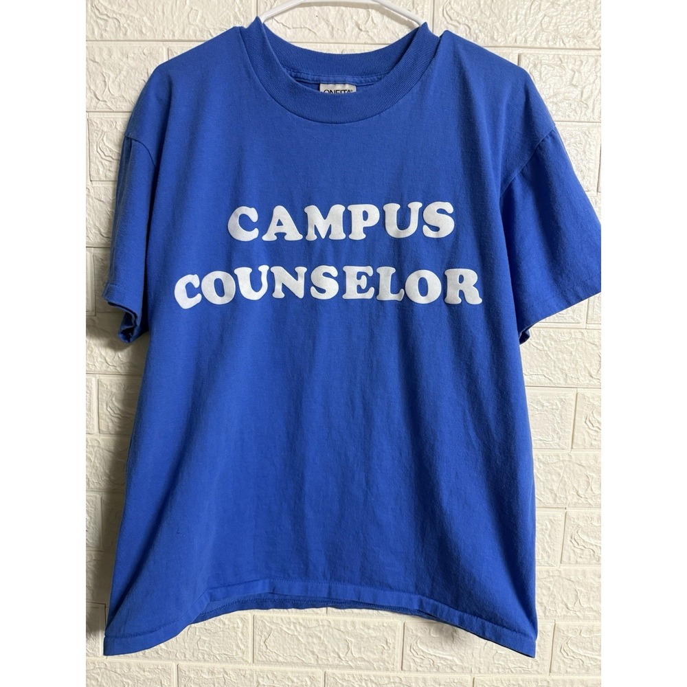 Oneita Campus Counselor Vintage Single Stitch Blue T-Shirt Mens Large USA Fabric